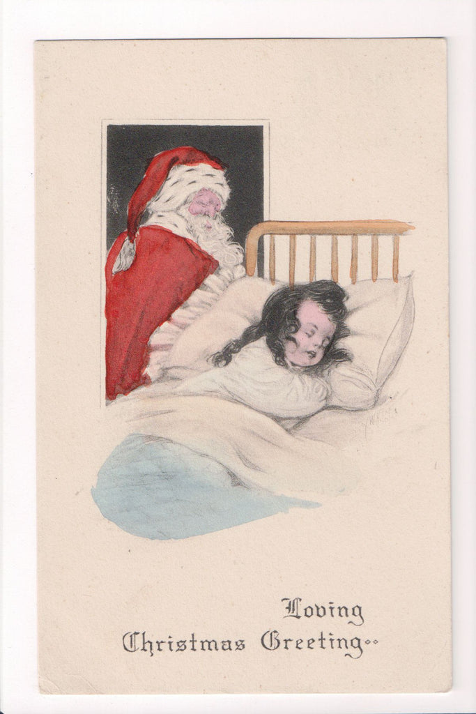 Xmas - Christmas Greeting - Santa watching girl sleep in bed - S01593