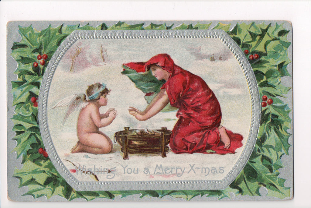 Xmas - Wishing you a Merry, lady in red, bare angel boy - S01595