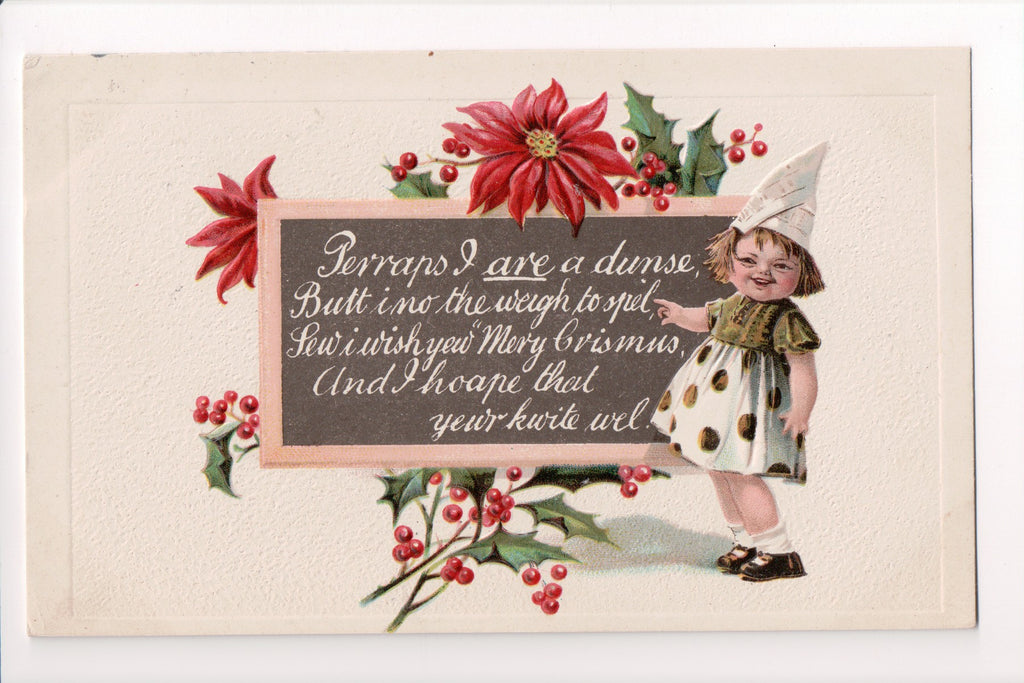 Xmas - Girl with a dunce hat on, chaulkboard, poinsettia - S01596