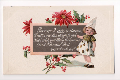 Xmas - Girl with a dunce hat on, chaulkboard, poinsettia - S01596