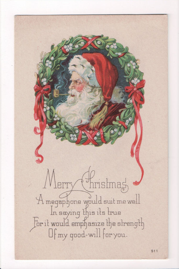 Xmas - Merry Christmas - Santa smoking pipe, inside a wreath - S01627