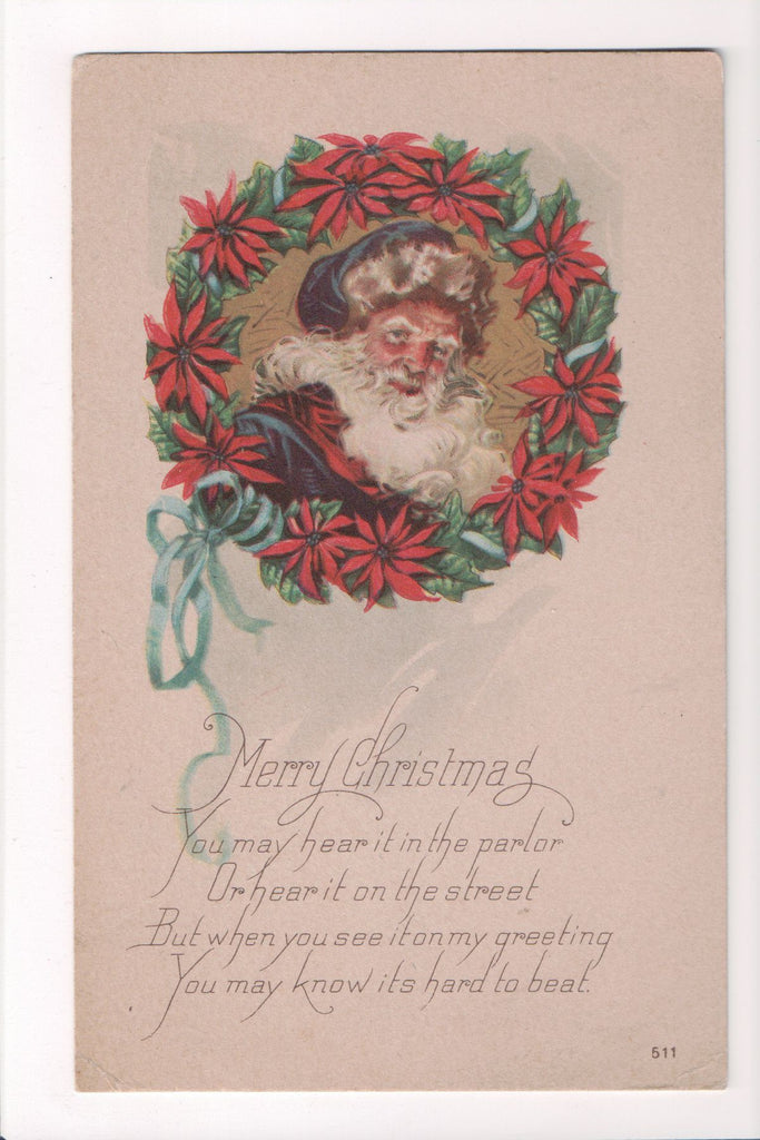 Xmas - Merry Christmas - Santa with blue hat, inside wreath - S01628