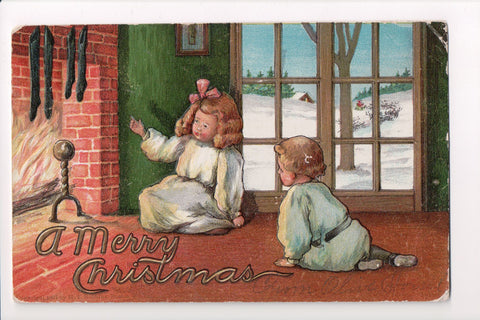 Xmas - A Merry Christmas - kids by the fireplace - w00147