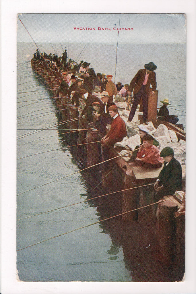 IL, Chicago - Men and children fishing with long poles from pier - C17217