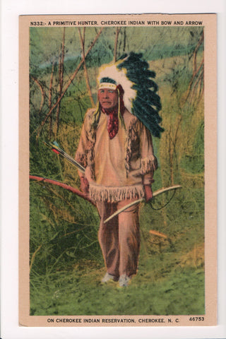 Indian postcard - Cherokee Indian with Bow and Arrow - Cherokee, NC - A17320
