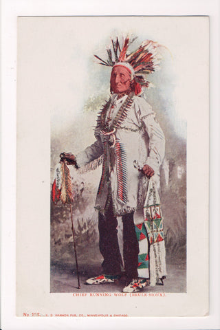 Indian postcard - (Brule Sioux) Chief Running Wolf with decorative stick - CP041
