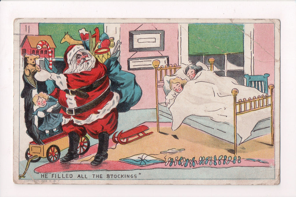 Xmas - Santa in kids bedroom - kite, sled, toys etc - @1913 postcard - J03436