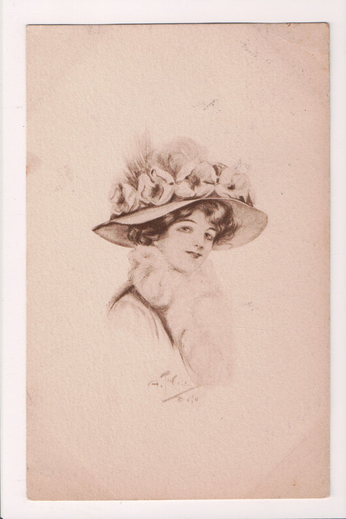 People - Female postcard - Pretty Woman - Sepia - Head shot, big hat - J04085