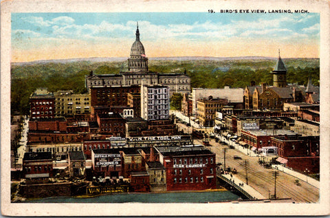 MI, LANSING - Bird Eye view, signs postcard - K03007
