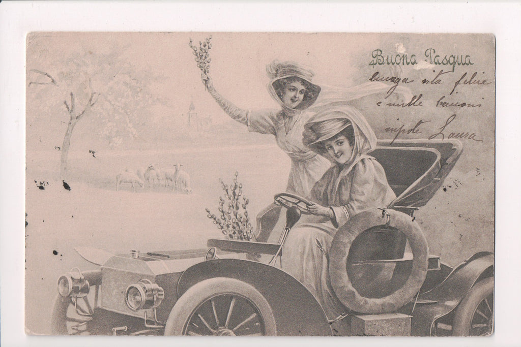Easter postcard - lady driving spoked wheel car - V K Vienne - K03171