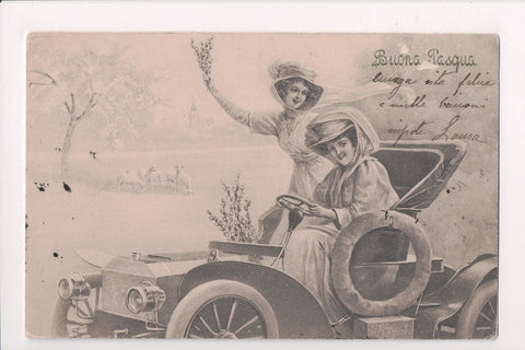 Easter postcard - lady driving spoked wheel car - V K Vienne - K03171