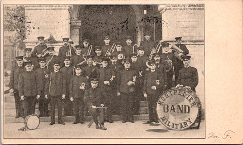 VT, Montpelier - Military band members, instruments, drums - 1906 postcard - KML