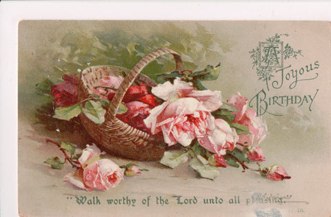 Greetings - Artist signed - Klein - basket of pink roses postcard - C17521