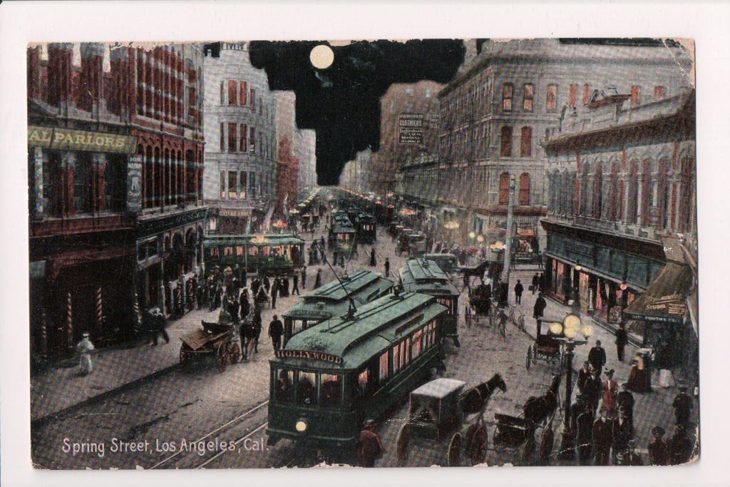 CA, LOS ANGELES - Spring Street, Store signs, trolly cars, etc postcard - L03012
