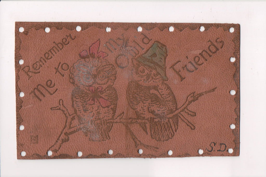 Leather Postcard - REMEMBER ME TO MY OWLD FRIENDS, owls - 800557