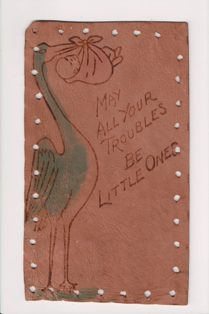 Leather Postcard - Stork, baby bundle - SOUTH OMAHA, NE cancel - C17519