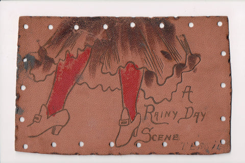 Leather Postcard - A RAINY DAY SCENE - ladies legs, shoes, skirt - E05154