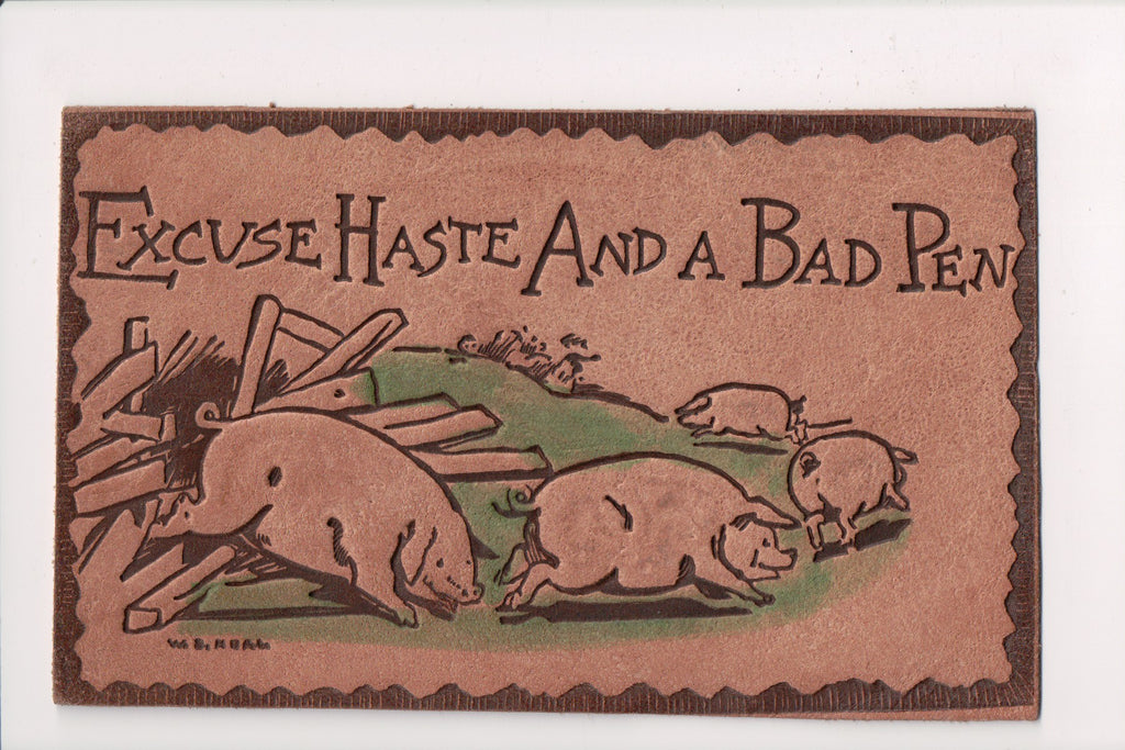 Leather Postcard - Pigs escaping its pen - @1907 W B Heal - F09294