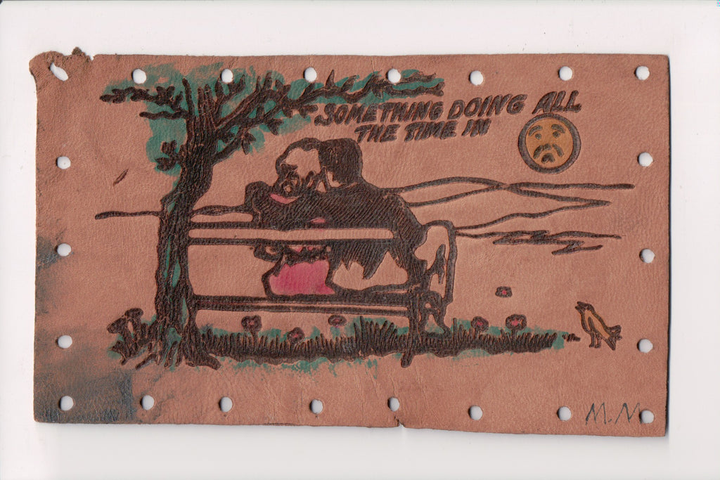 Leather Postcard - Something doing all the time in - J03140