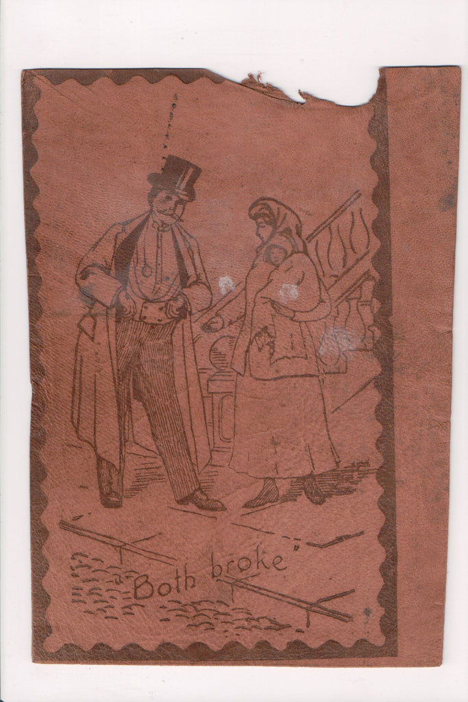 Leather (no postcard back) - BOTH BROKE - well dressed man, lady baby - ME0010