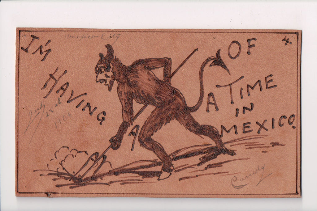 Leather Postcard - HAVING A DEVIL OF A TIME in Mexico, pitchfork - S01693