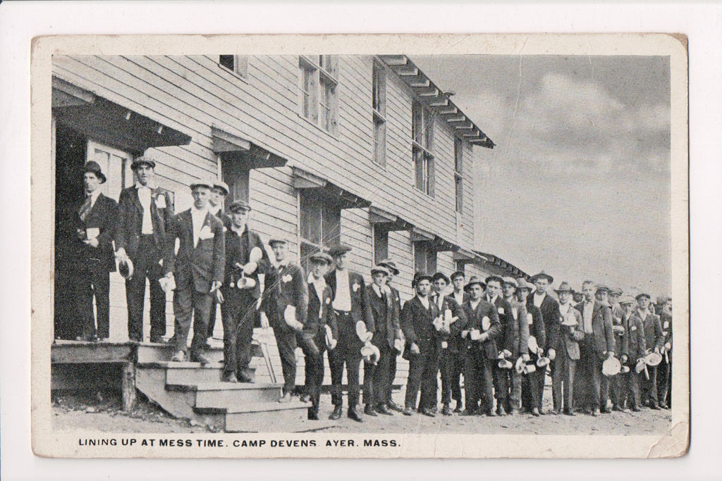 MA, Ayer - Camp Devens, men lining up at Mess time postcard - A06516