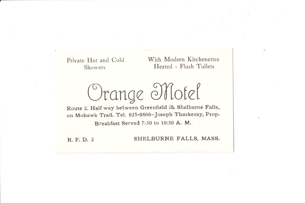 MA, SHELBURNE FALLS - Orange Motel business card, Joseph Thackeray - D17361