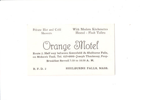 MA, Shelburne Falls - Orange Motel business card, Joseph Thackeray - D17361