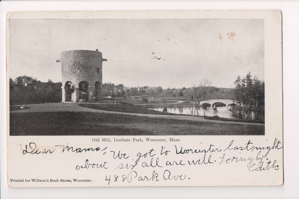MA, WORCESTER - Institute Park, Old Mill, @1906 vintage postcard - A17356