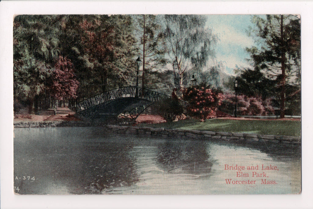 MA, Worcester - Elm Park, Bridge and Lake, Mason Bro postcard - J03384