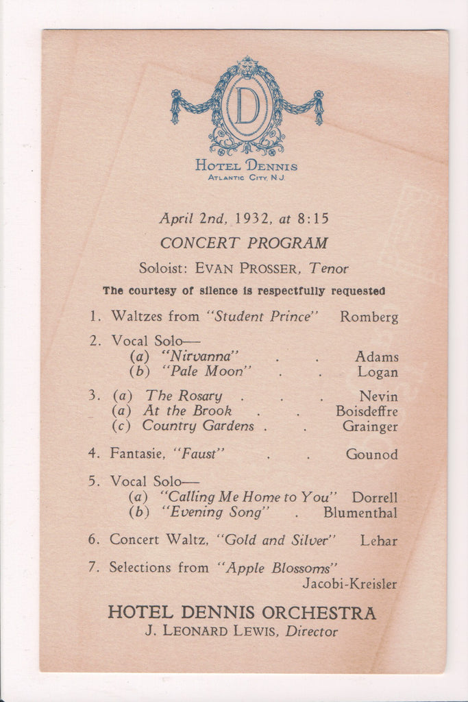 NJ, ATLANTIC CITY - Hotel Dennis - 1932 Concert Program- MB0397