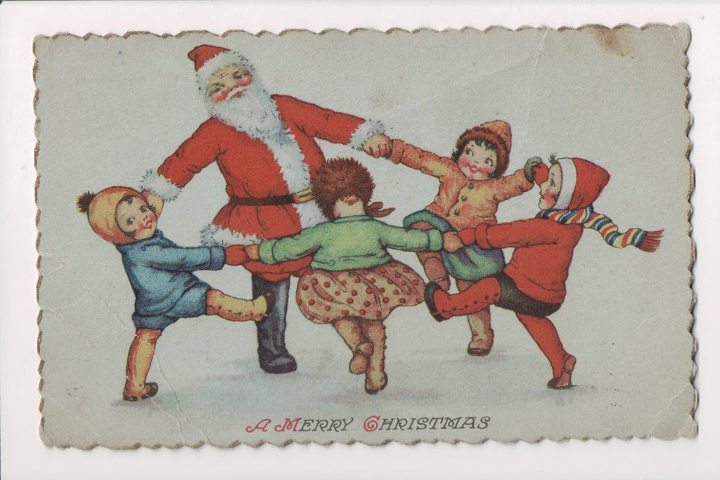 Xmas - Santa holding hands with kids in a game - @1927 postcard - MB0511