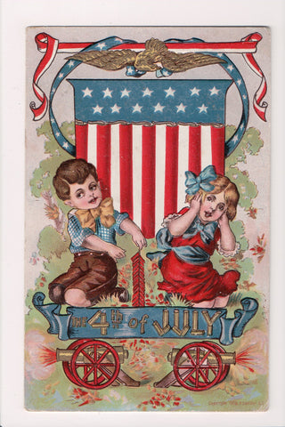 4th of July - Boy, fireworks, girl, flag shield, patriotic postcard - MB0701