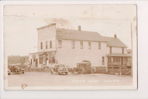 WI, Lily - Priem Store, old cars, gas pumps, coca cola sign - RPPC - MB0920