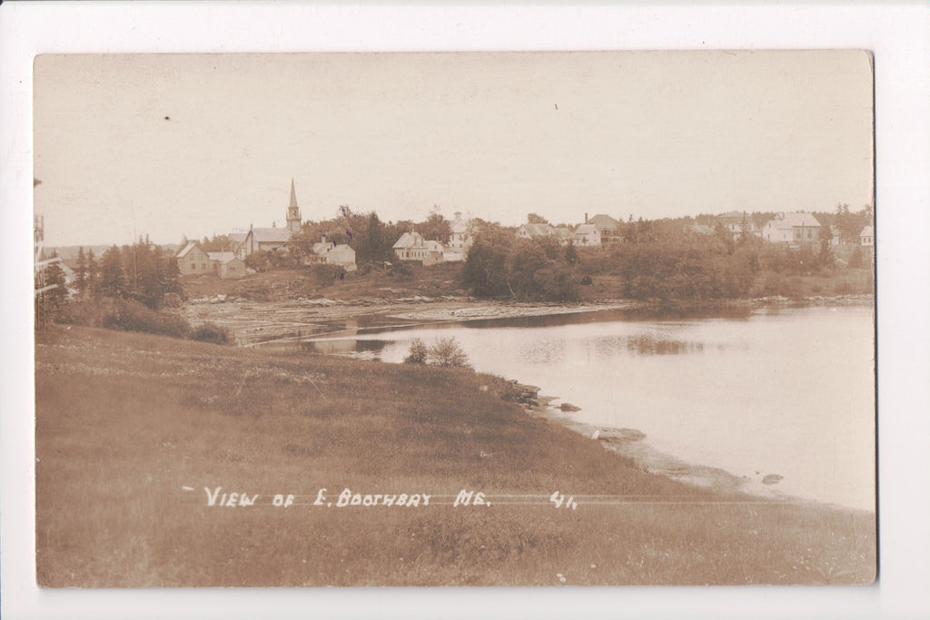 ME, EAST BOOTHBAY - view of town, including the church - RPPC postcard - C06197