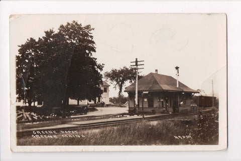ME, Greene - Greene Depot, Rail road station, house, cars - @1919 RPPC - A06902