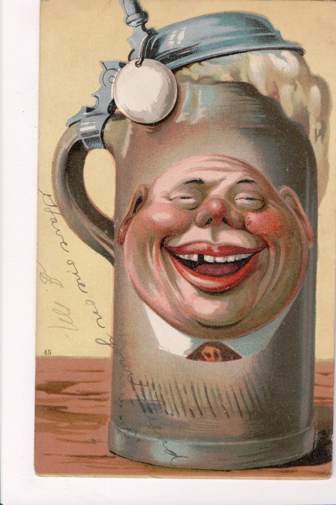 Greetings - Misc - Fantasy Beer STEIN w/mans face - @1906 postcard - EP0103