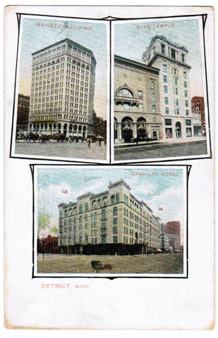MI, DETROIT - Majestic, Elks Temple and Cadillac Hotel postcard - F03047
