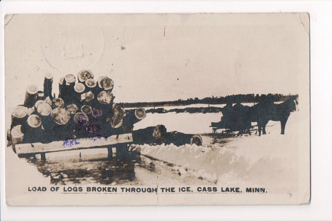 MN, Cass Lake - horses drawing load of logs, thru the ice - RPPC - C06131