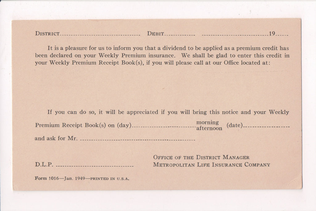 Advertisement postcard - METROPOLITAN LIFE INS - dividend applied - Q-0165