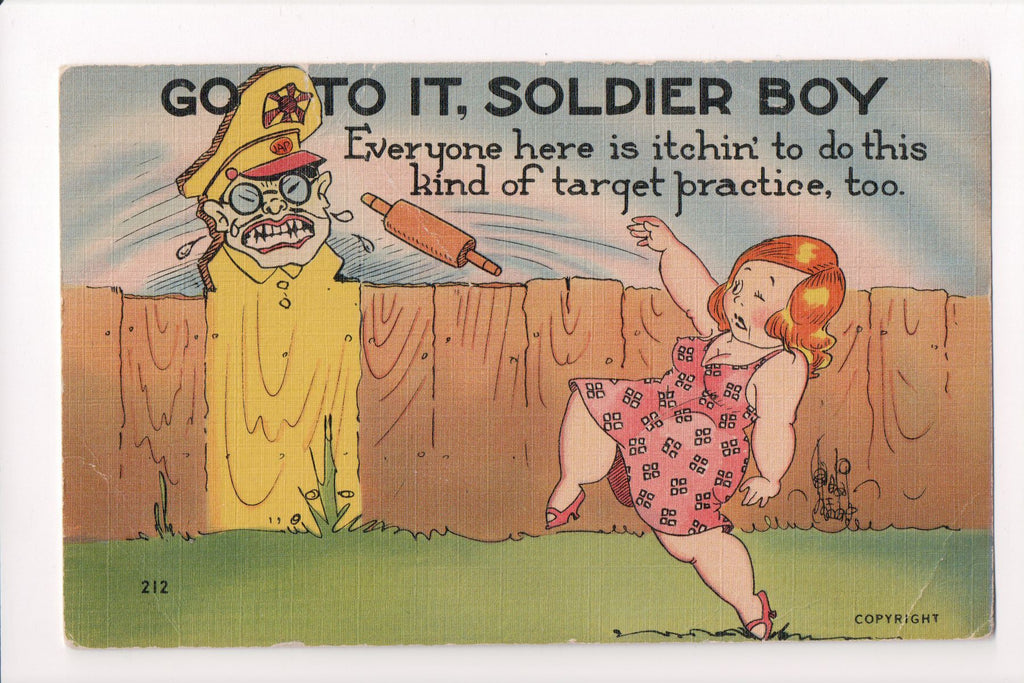 MISC - Military Comic - lady throwing rolling pin at German Soldier - B08304