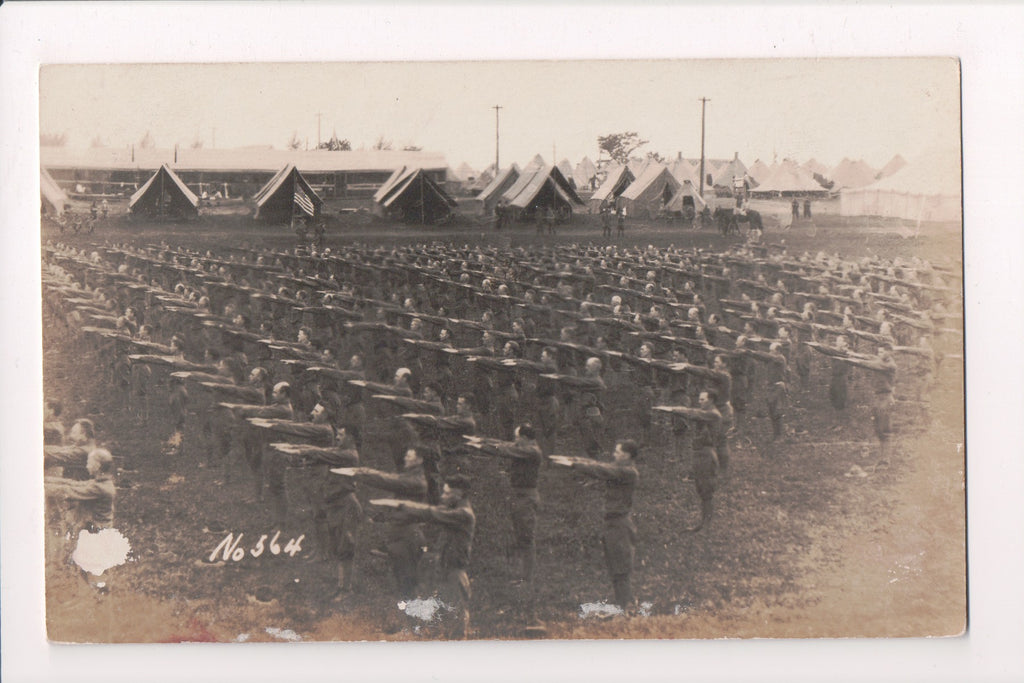 MISC - Military Men in uniform - arms outstretched, tents - RPPC - D07183