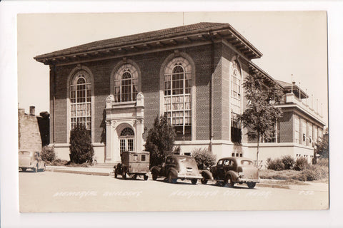 NE, NEBRASKA CITY - Memorial Building, Paddy Wagon, old cars, bike - RPPC - B060