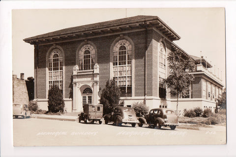 NE, Nebraska City - Memorial Building, Paddy Wagon, old cars, bike - RPPC - B060