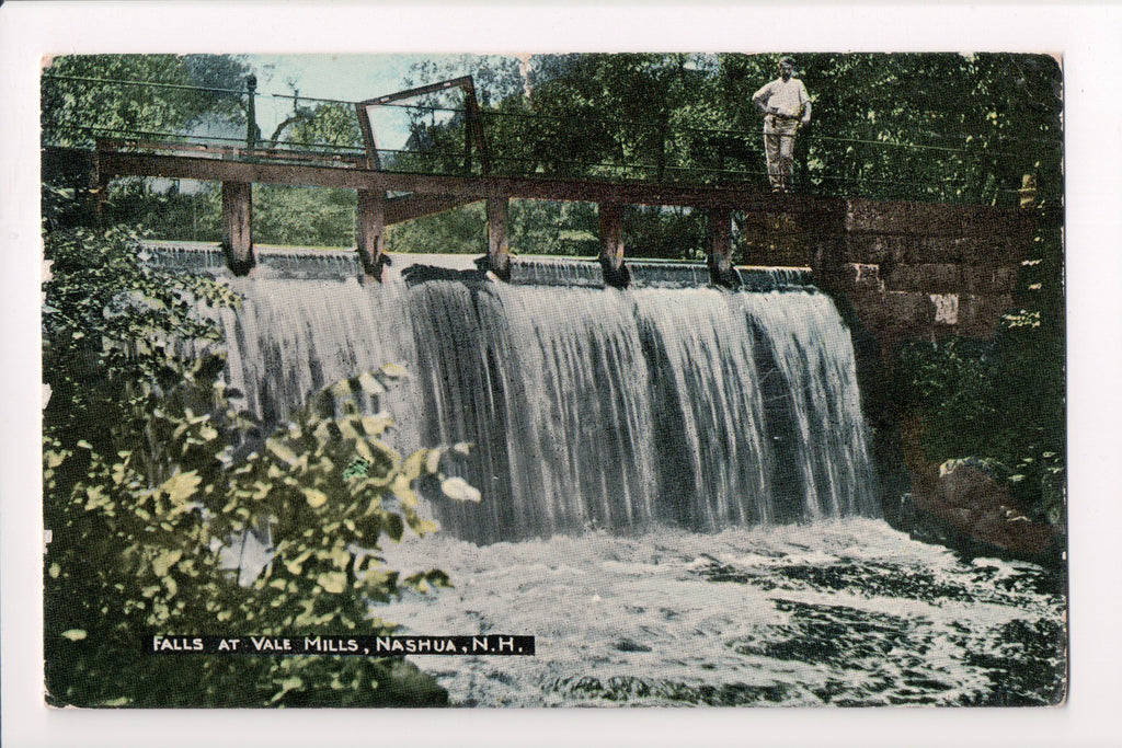 NH, NASHUA - Vale Mills Falls, with man standing off to the right - C17439
