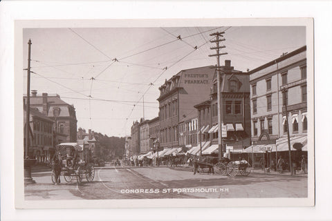 NH, PORTSMOUTH - Congress St, Great signs - striped top buggy - RPPC - R00876