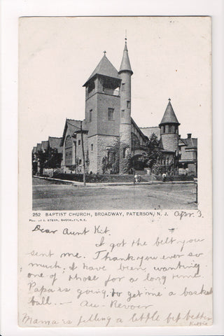 NJ, PATERSON - Baptist Church, Broadway - @1906 postcard - w02712