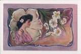 People - Female postcard - Pretty Woman - Chest up, flower - art deco? - NL0200