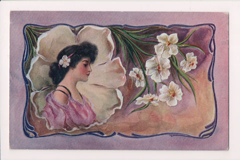 People - Female postcard - Pretty Woman - Chest up, flower - art deco? - NL0200
