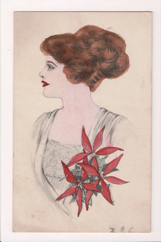 People - Female postcard - Pretty Woman - artist signed - poinsettia - NL0207